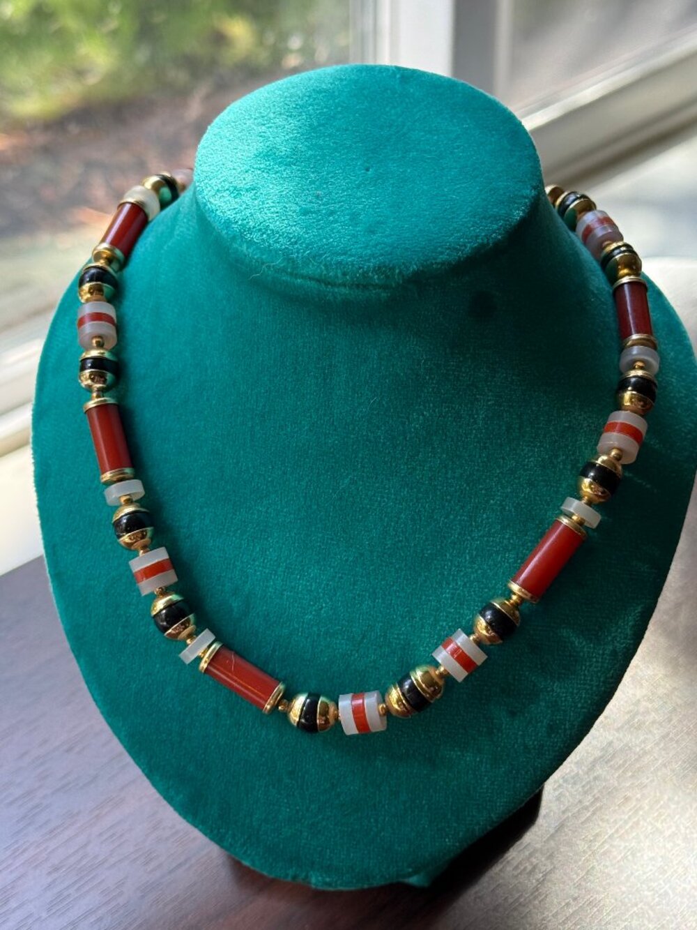 Red, Black, and Gold Late 70s Plastic Beaded Necklace - Picture 3 of 3